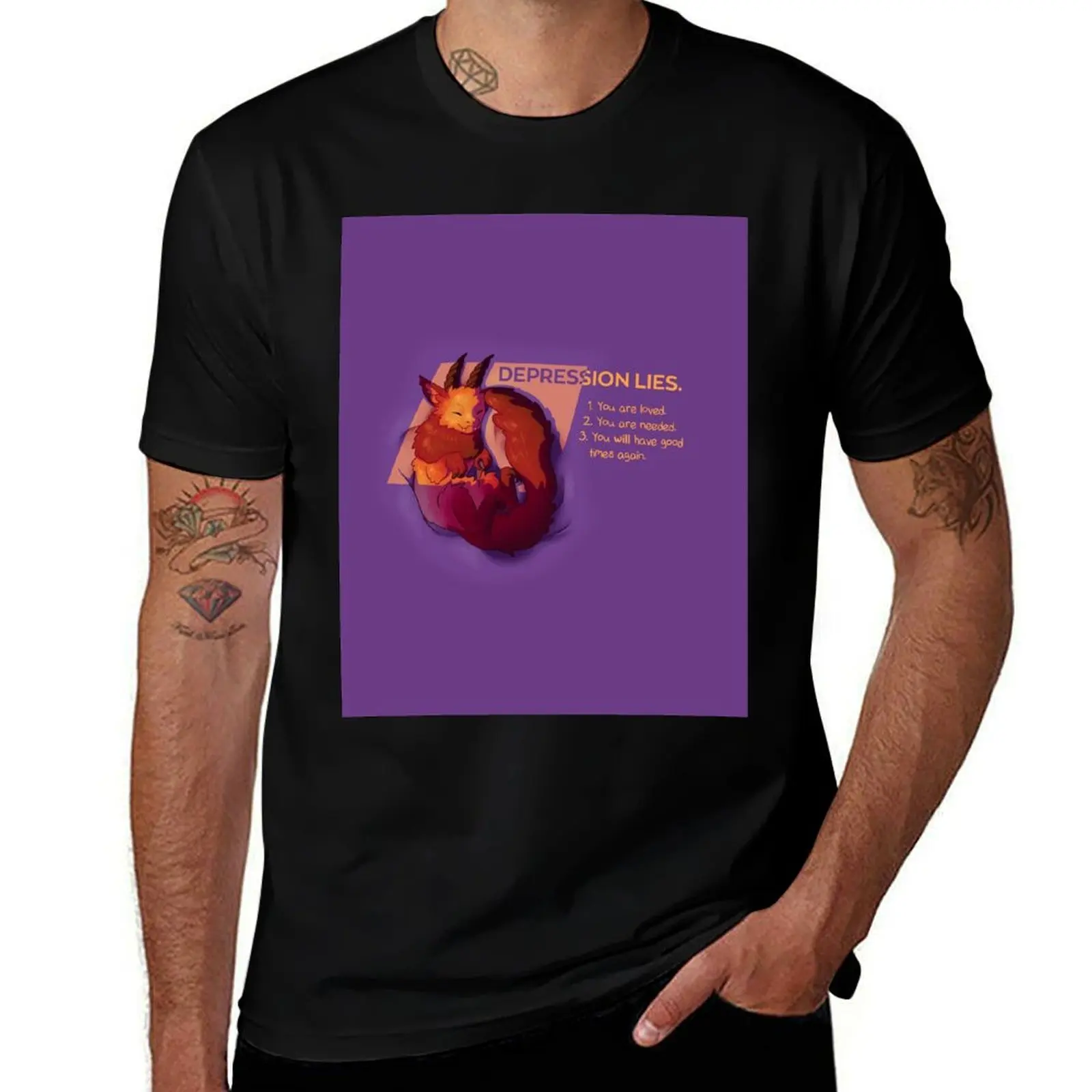 DEPRESSION LIES Snuggly Gargoyle T-Shirt Big Size Simple T-Shirt