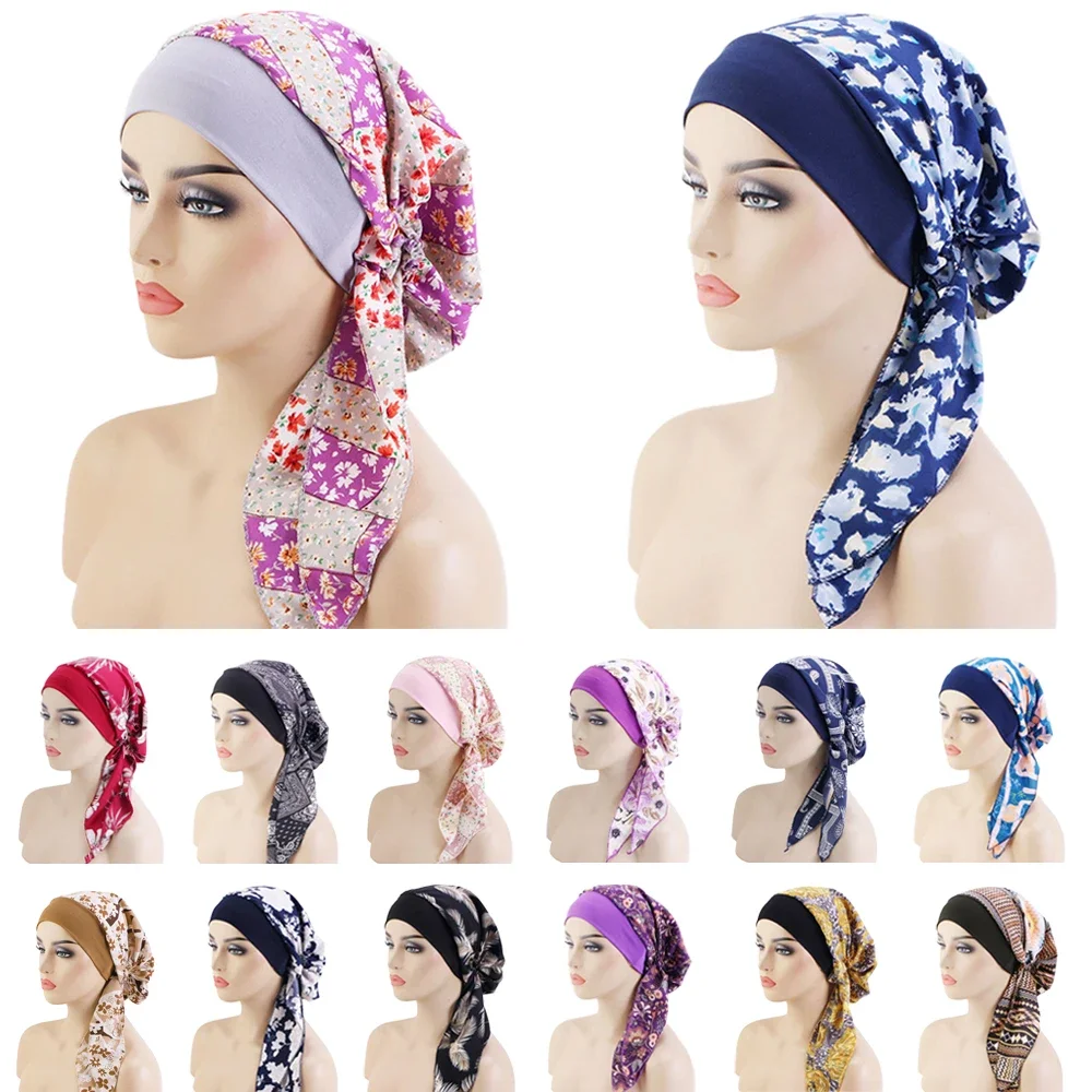 Women\\\'s Muslim Hijab Cancer Chemo Caps Flower Print Turban Cap Hair Loss Headscarf Elastic Cotton muslim Hijab Scarf Headwear