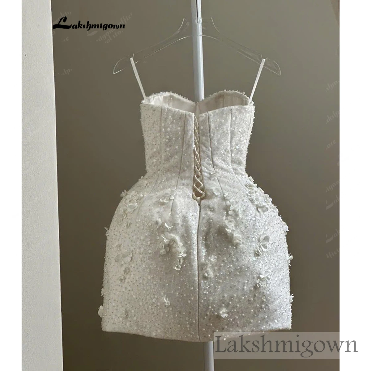 Lakshmigown Funkelndes Blumen-Mini-Hochzeitskleid Perlenkorsett Brautkleid 3D-Blumen-Empfangskleid Perlenbesetztes Braut-Minikleid Maßanfertigung – Detail 8