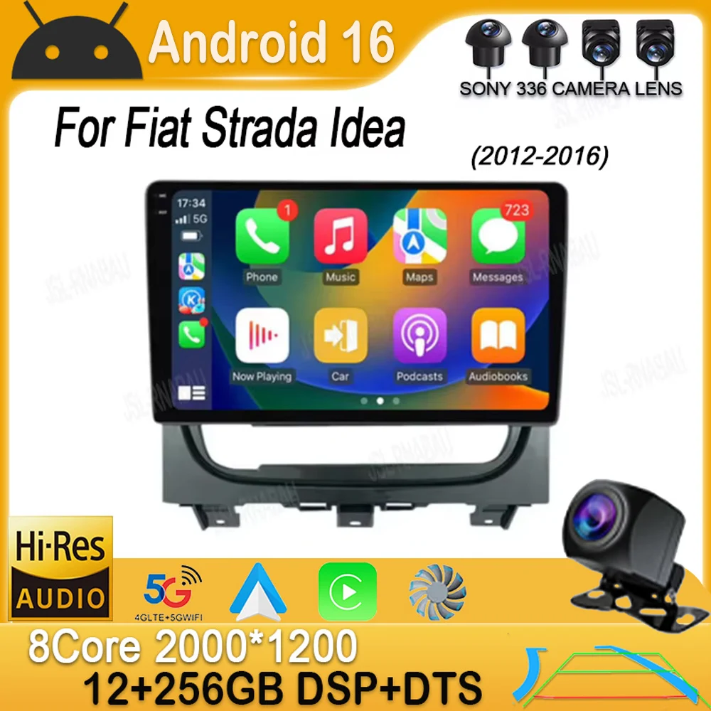 Carplay Auto Android 16 Para Fiat Strada Idea 2012 - 2016 Sistema de Rádio Multimídia para Carro Gravador Navegação GPS Estéreo 2 Din DVD BT