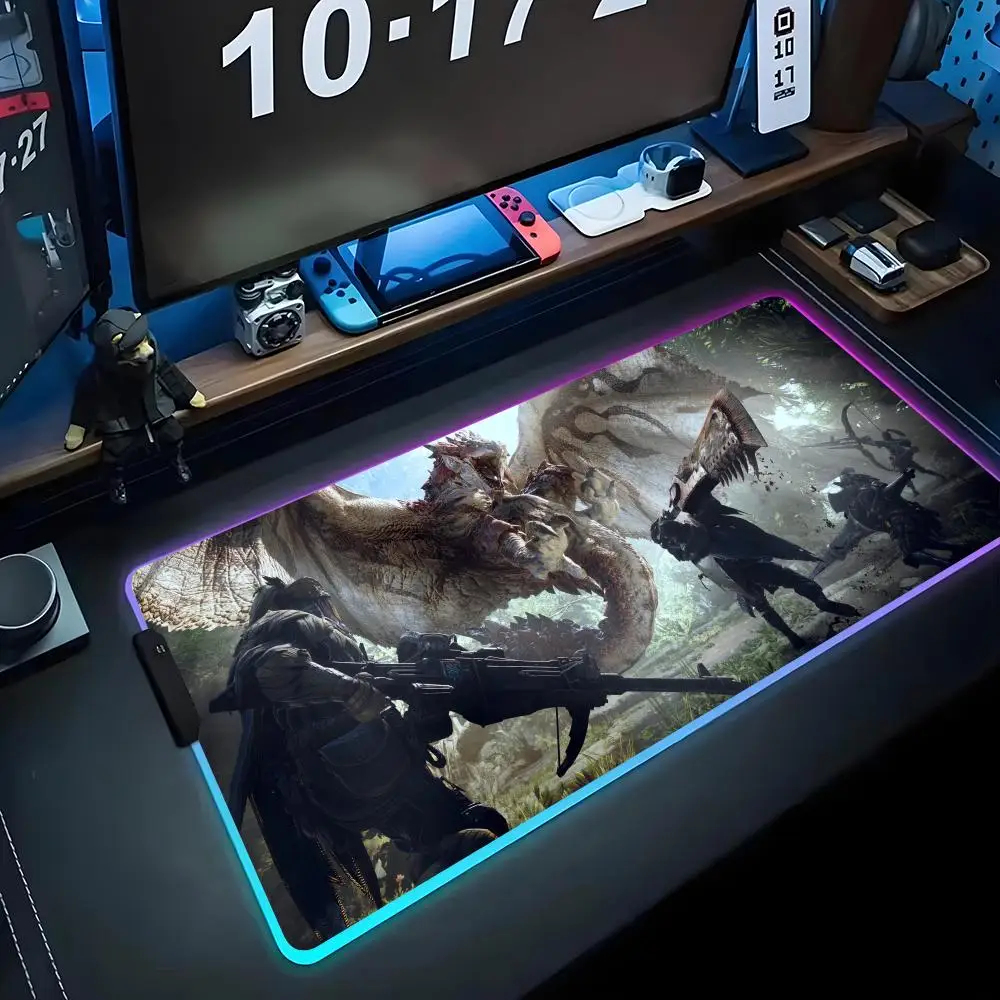 

Game Monster Hunter Wilds Mouse Pad RGB Gaming Mousepad Big LED Pad PC Desk Mat Luminous Mouse Pad Large Keyboard Mats Table Rug