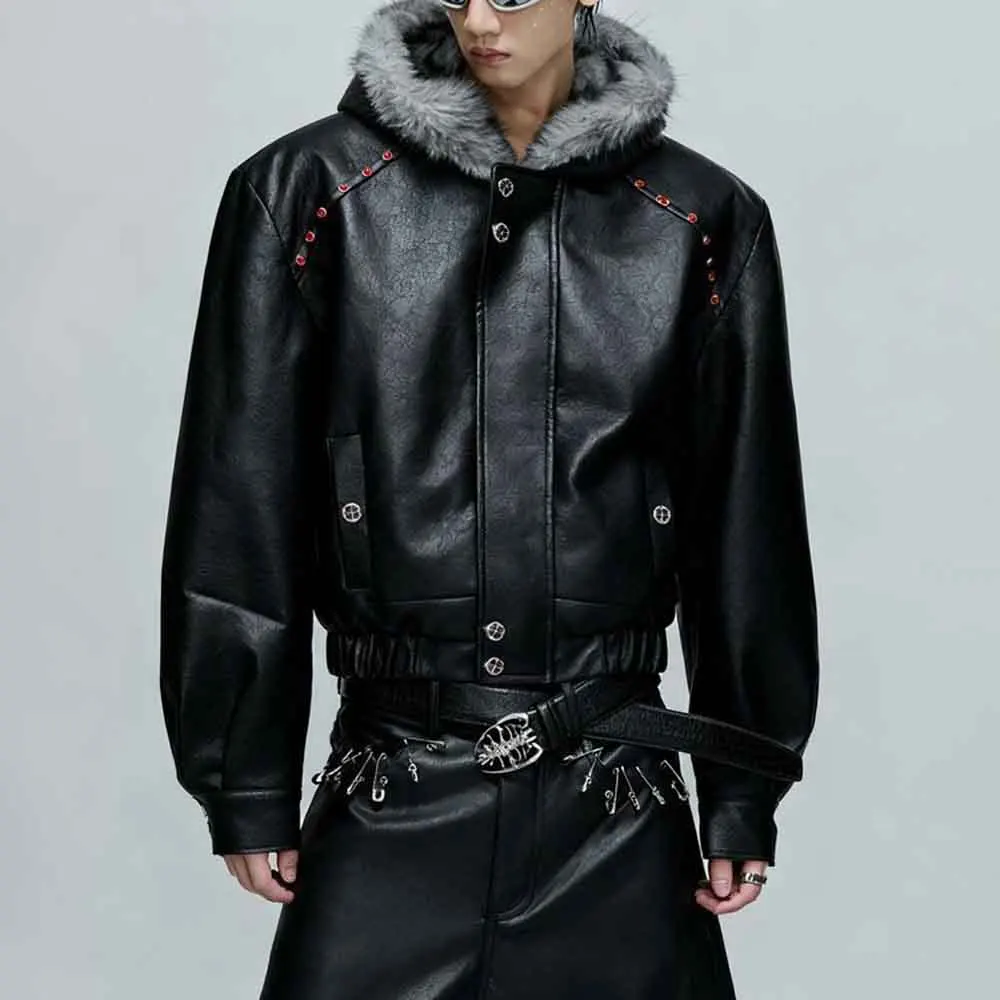 

2025 Winter New Men's Long-Sleeved Hooded Leather Jacket American Retro Fashion Trendy High Street Loose Casual Niche Men's Top