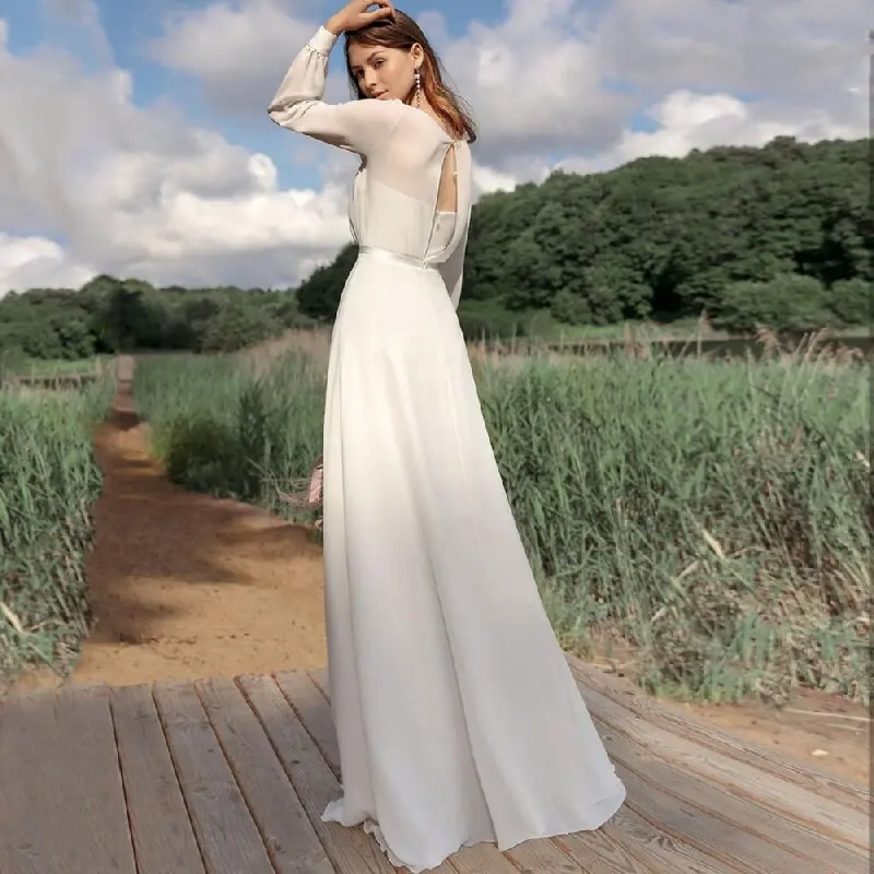 Chiffon Elegant O-Neck A-line Beach Long Sleeve Floor-Length Wedding Dress Floor Length Bridal Gowns Vestidos De Novia