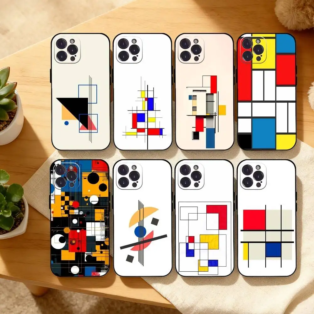 Funda para Teléfono con Formas Abstractas Estilo Mondrian-Bauhaus para iPhone 17, 16, 15, 14, 13, 12, Plus, Pro Max, 5G y Otros, Cubierta Negra Suave