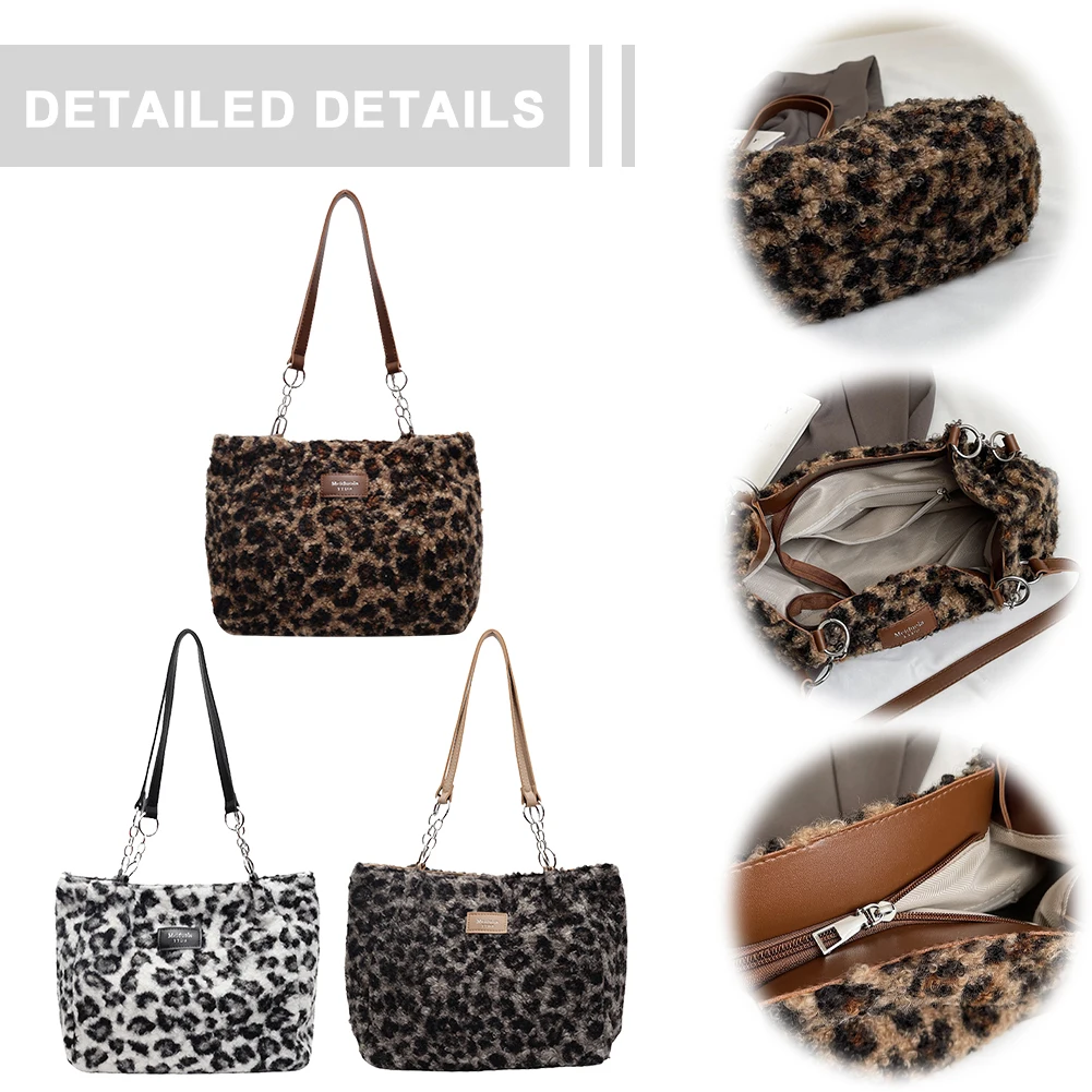

Tote Bag for Women Leopard Print Underarm Bag With Pockets Fluffy Purse with Zipper Handbag Commuter Travel Bag