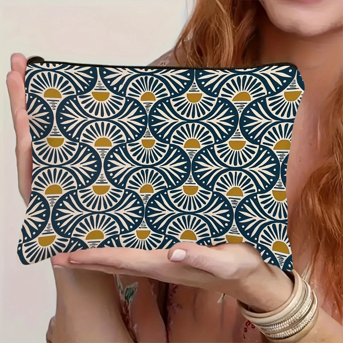 حقيبة أدوات الزينة الأنيقة ذات أوراق غروب الشمس باللون البرتقالي البوهيمي، حقيبة مكياج كلاسيكية باللون البرتقالي الحمضيات، حقيبة مستحضرات تجميل خفيفة الوزن ومتينة