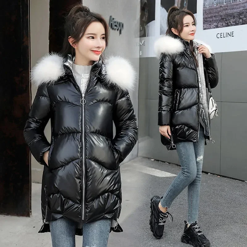 2023 Autumn Winter Hooded Fur Collar Warm Cotton-padded Coat Women Korean Fashion Waterproof Oversized Coat Casual Basic Outwear