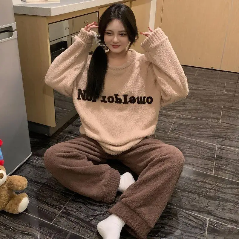 

Women's Pajamas Sleepwear Homewear Korean Style Half Fleece Pajamas Women Thick Coral Fleece Winter Pajamas For Homewear