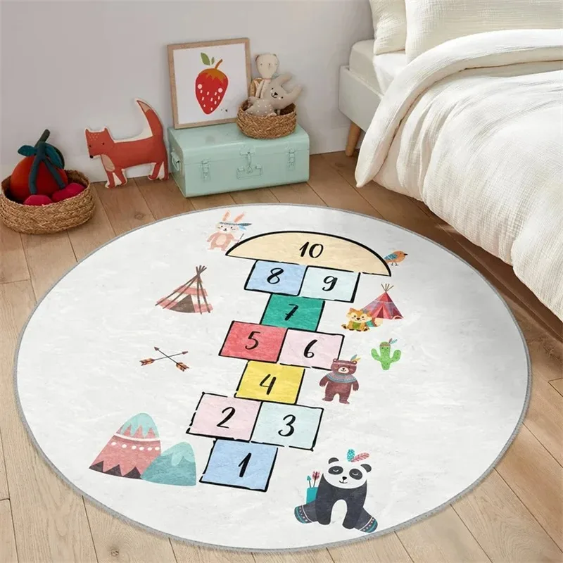 Boy Round Hopscotch Floor Animal Non-Slip Round Rug Play Area Mat Beige Children Room Perfect for Bathroom Living Room