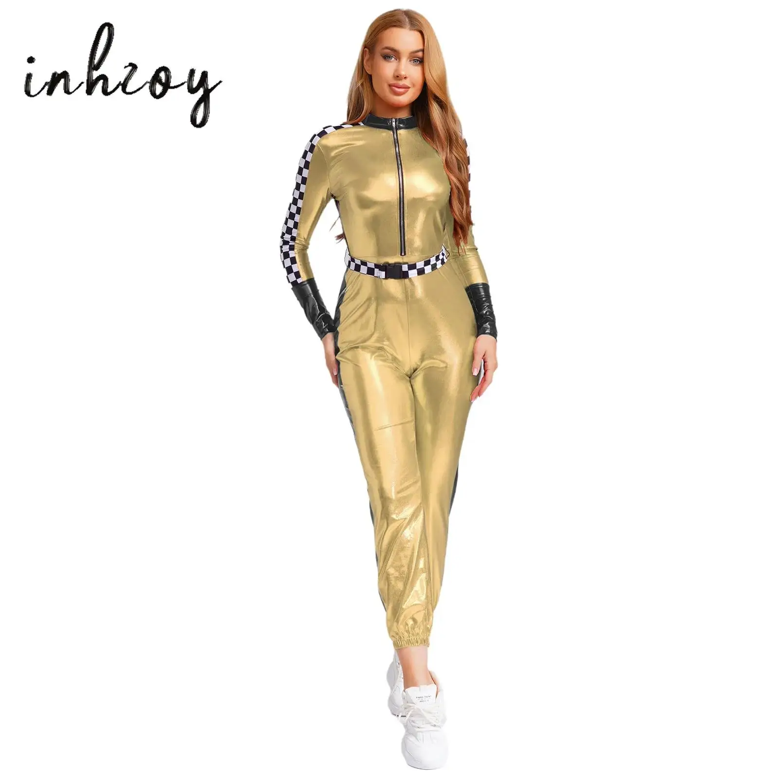 

Womens Racer Driver Jumpsuit Rave Clubwear Metallic Shiny Checkerboard Bodysuit Stand Collar Zipper Leggings Leotard with Belt