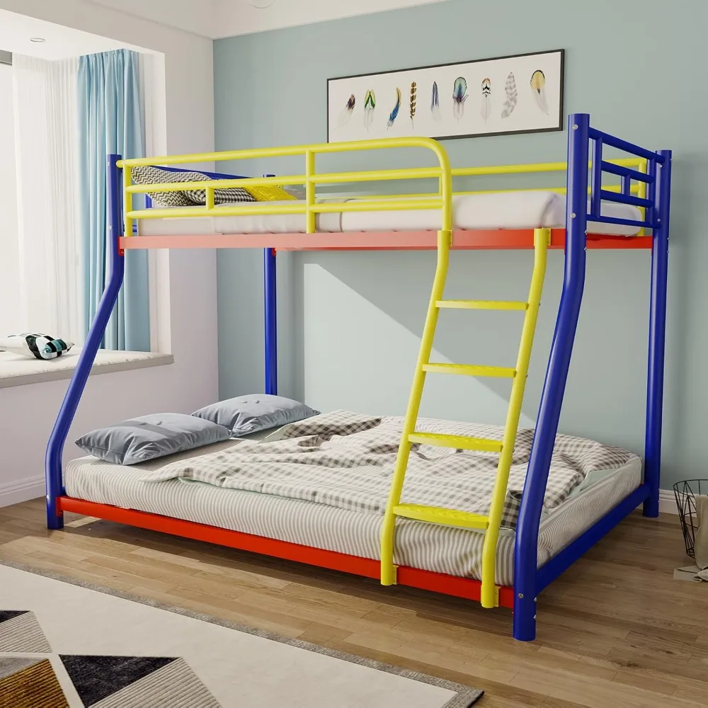 سرير مزدوج بطابقين كامل للبالغين مع حاجز أمان وسلم، إطار سرير ملون كامل الحجم، خيار T للسرير الدائري #6