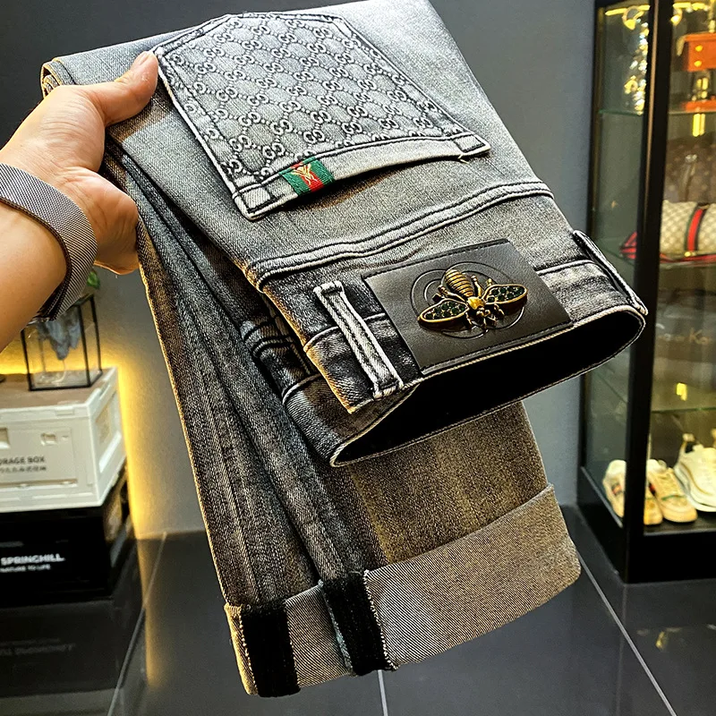 

New trendy washed and worn denim jeans for men small straight leg high-end versatile casual stylish elastic slim fit long pants