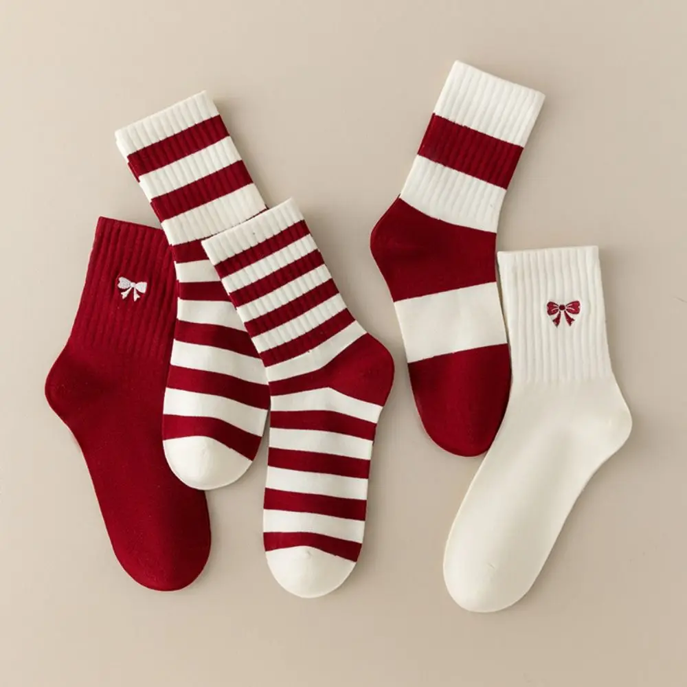 

10Pairs Ins Patchwork Embroidery Bow Socks Breathable Sweet Stripe Tube Socks Non-slip Cotton New Year Christmas Socks School