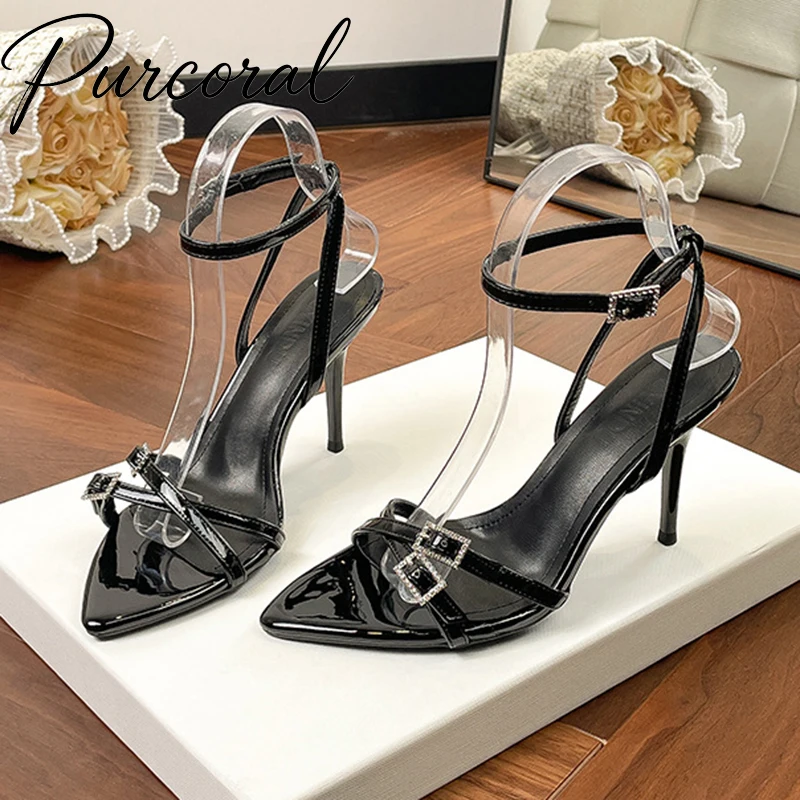 

Purcoral Women Black Patent Leather High Heel Sandals Crystal Buckle Pointed Toe Ankle Strap Stiletto Heels Summer Party Shoes