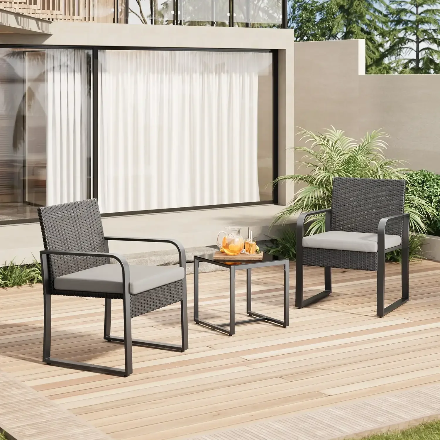 

3 Pieces Patio Bistro Wicker Chairs , All-Weather Outdoor Rattan Set with Glass Table for Lawn, Poolside