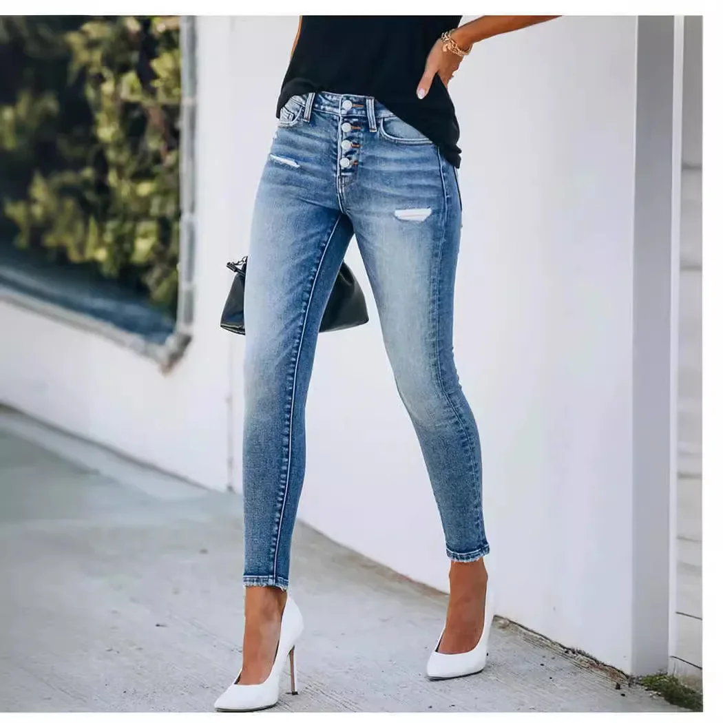 Amazon Shein Denim Skinny Waist Pencil Jeans Women Fringe Damaged Design Cross-border Temu Thin Fabric Mid Waist Length