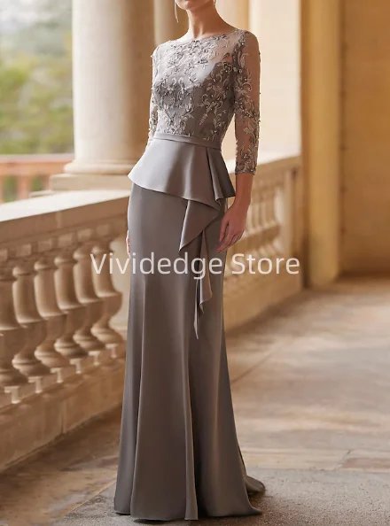 Customized Mermaid Mother of the Bride Dress Elegant Prom Dress  Floor Length Lace Stretch Fabric 3/4 Length Sleeve فستان