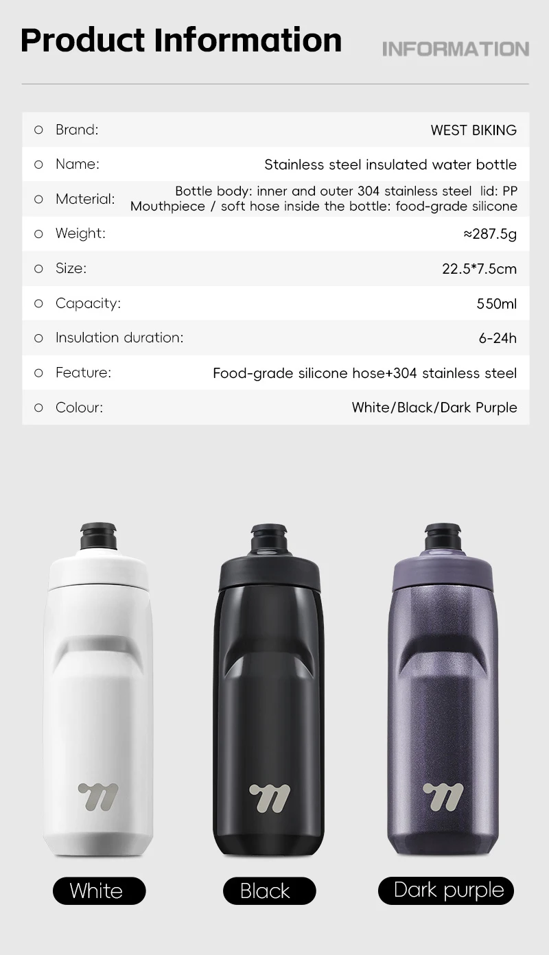 WEST BIKING Isolierte Fahrrad-Trinkflasche, kälteisolierend, 304 Edelstahl-Vakuumflasche, Doppeldeckel, für Rennrad und Mountainbike, zur Flüssigkeitszufuhr – Detail 5