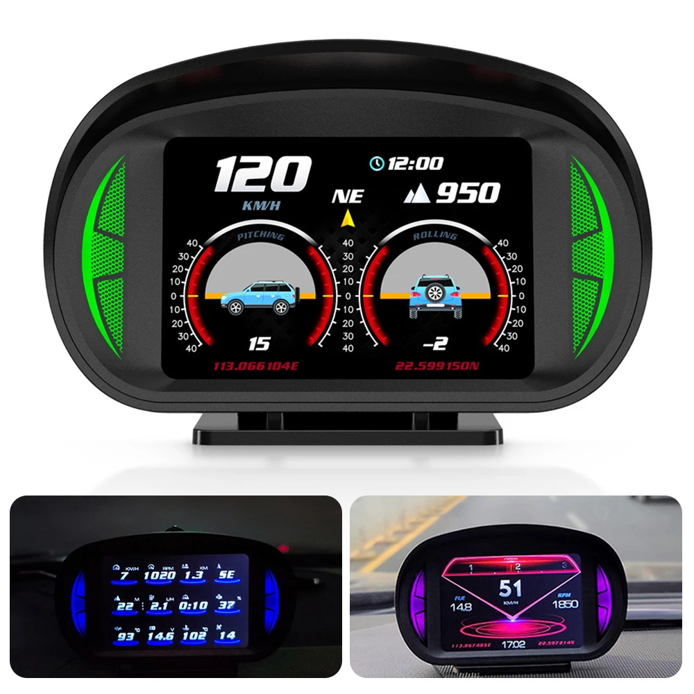 

P2 HUD Car Head Up Display Security Alarm Overspeed Alarm Dual System Turbo Brake Test Slope Tilt Meter OBD2 GPS Speedometer