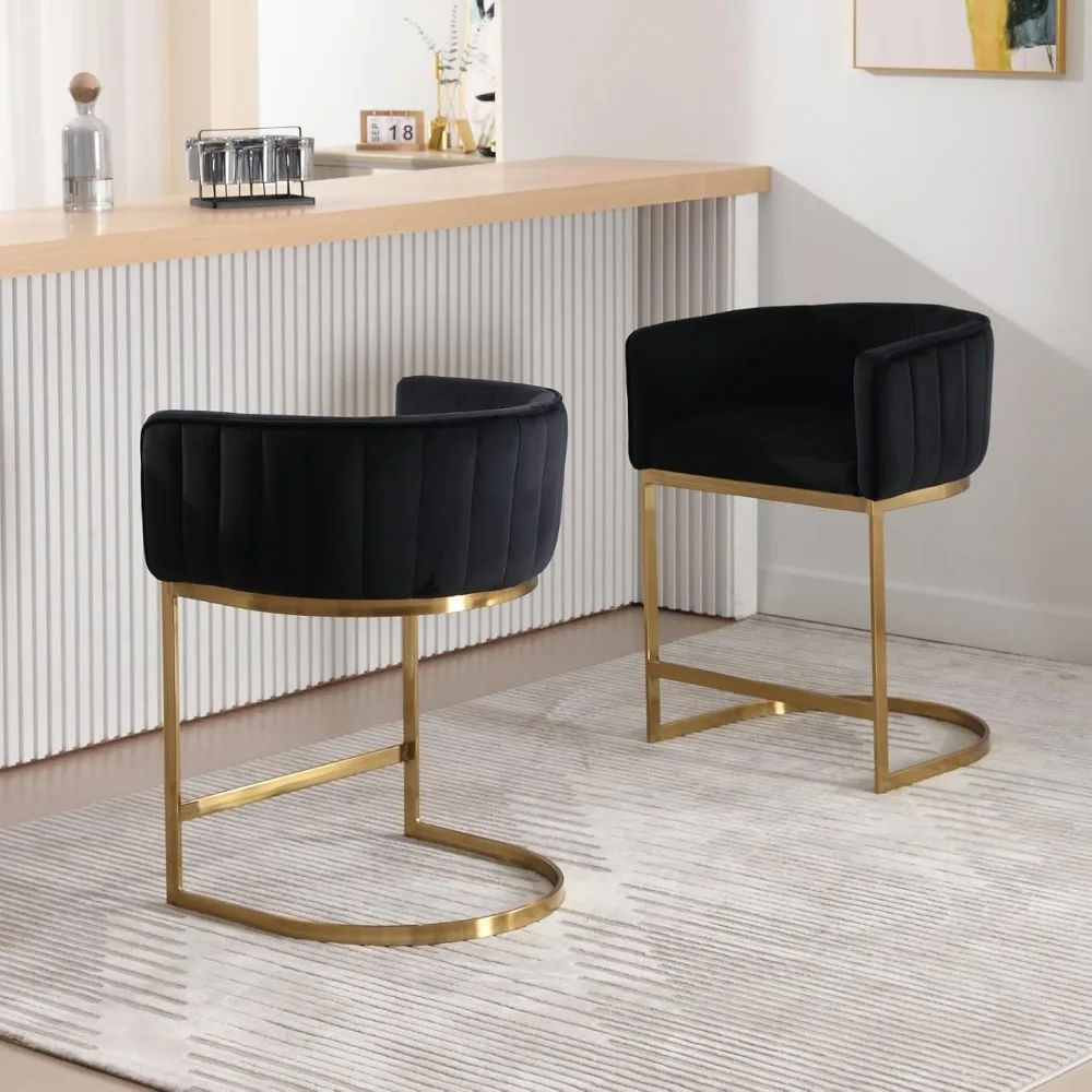 Modern Counter Altura Bar Stools, Velvet estofados Barrel Stool, cadeira com braço e pernas de metal dourado, Kitchen Island, 24"