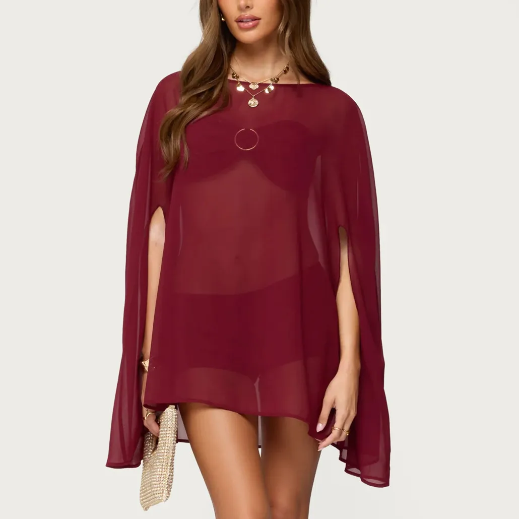 Women's Sexy Batwing Sleeve Poncho Top Sheer Loose Fit Cover Up for Casual Club Summer Vacation Beachwear