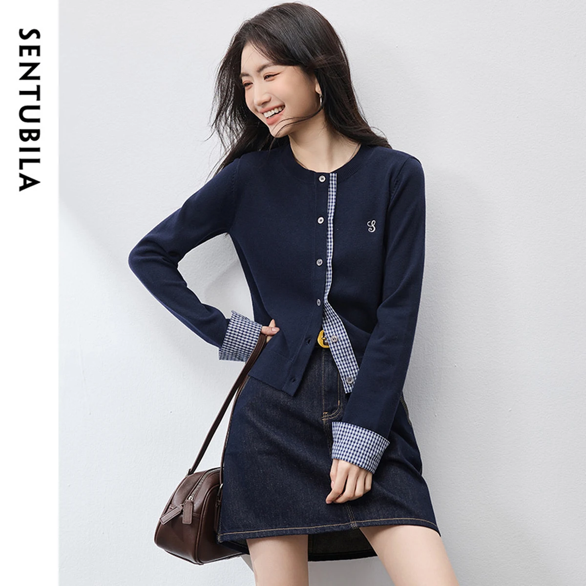 SENTUBILA Patchwork 2 in 1 Cardigan for Women 2025 Autumn Commuting Contrast Color Long Sleeve Knitwear Ladies Tops W53H80430