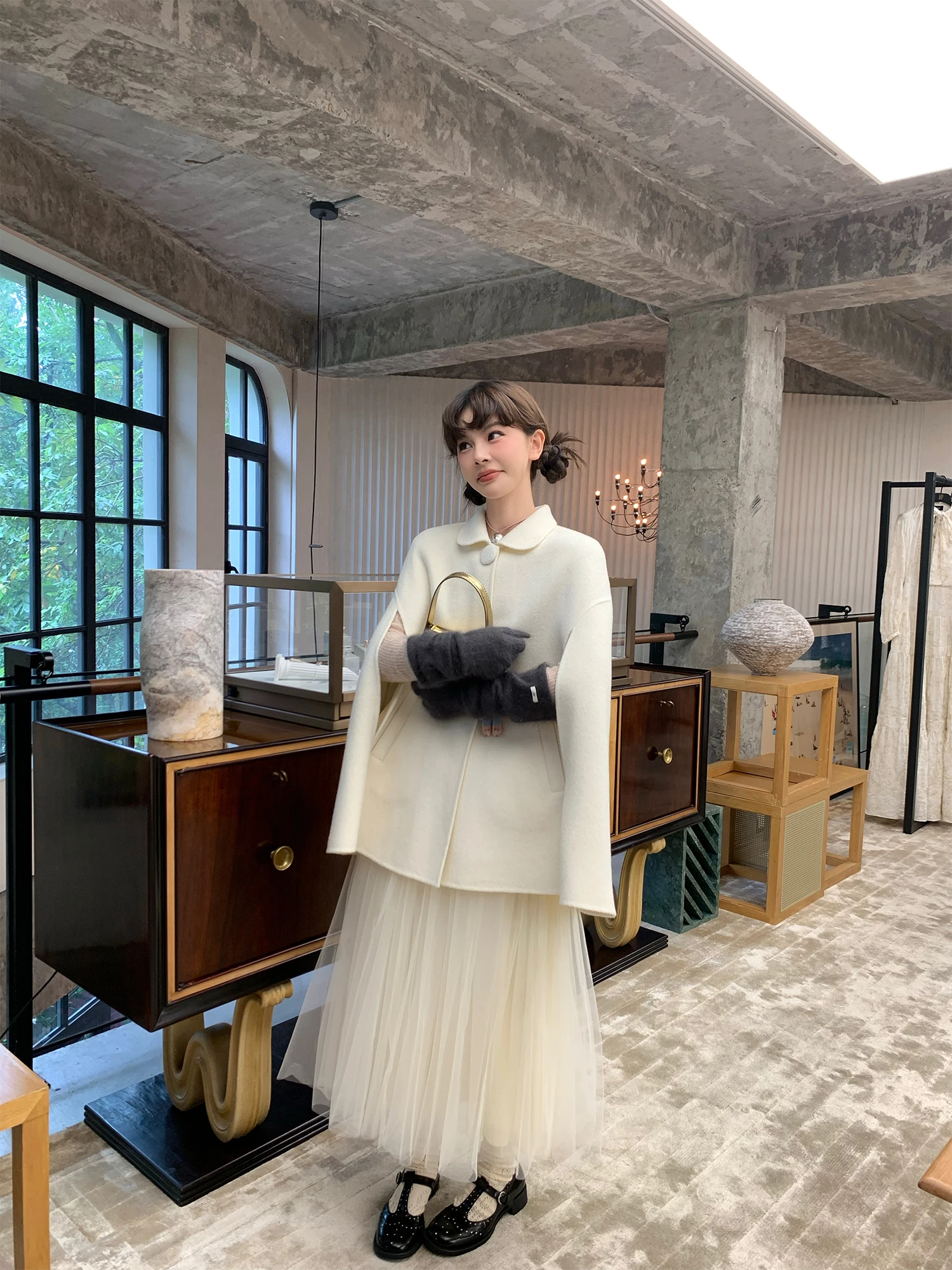 

Le Rouge Double-Faced Woolen Coat Doll Collar Bla And White Vintage Sle Long Sve Women's Outerwear for Commuting