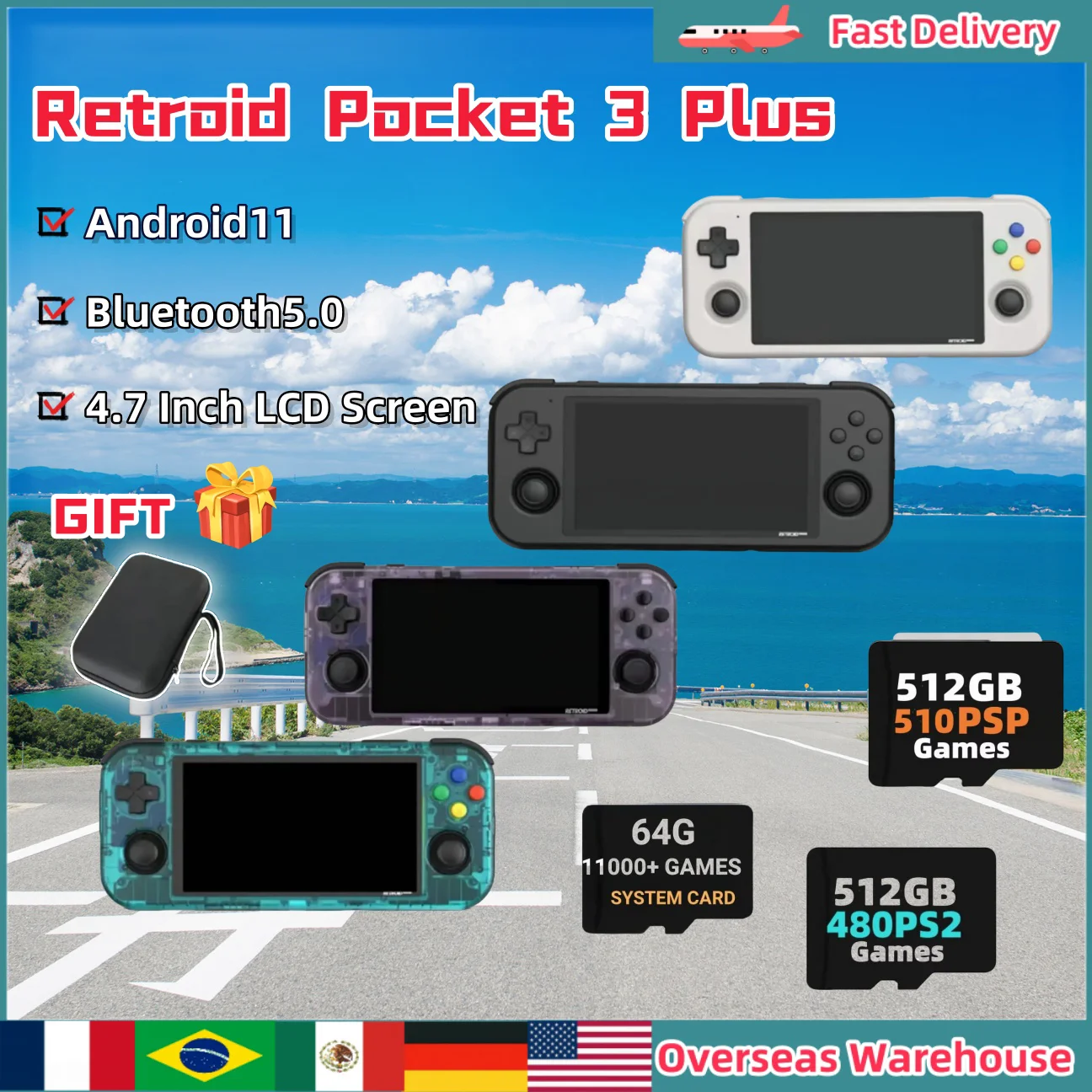 Retroid Pocket 3 Plus Handheld Game Console Retro Video Game Consoles Portable Console Android 11 4.7 Inch Console Birthday Gift