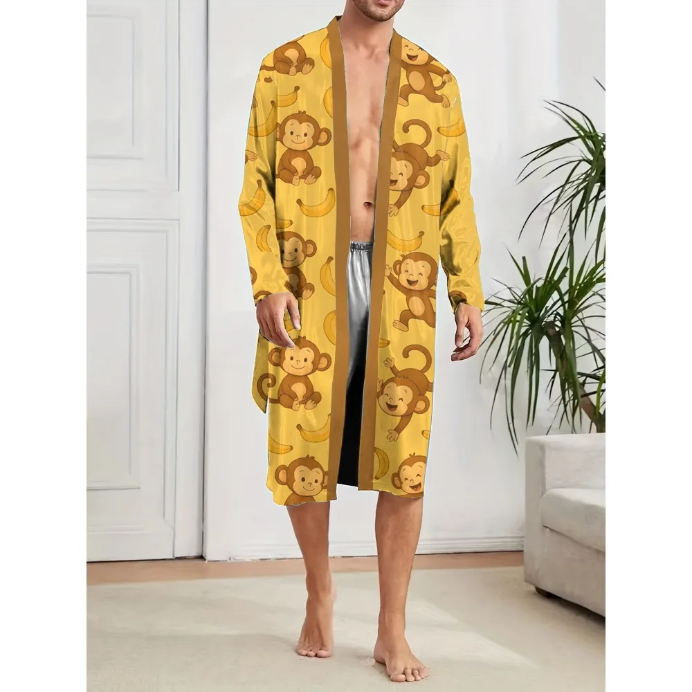 spring autumn men's long robes are a fast drying trend, while home fun monkey patterned digital printed nightgowns are casual.