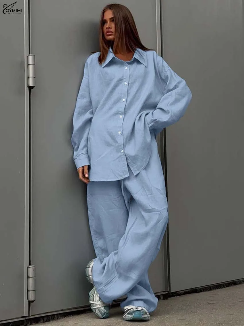 

Oymimi Elegant Blue Loose 2 Piece Sets Woman Outfit Fashion Lapel Long Sleeve Single Breasted Shirts And Drawstring Trousers Set