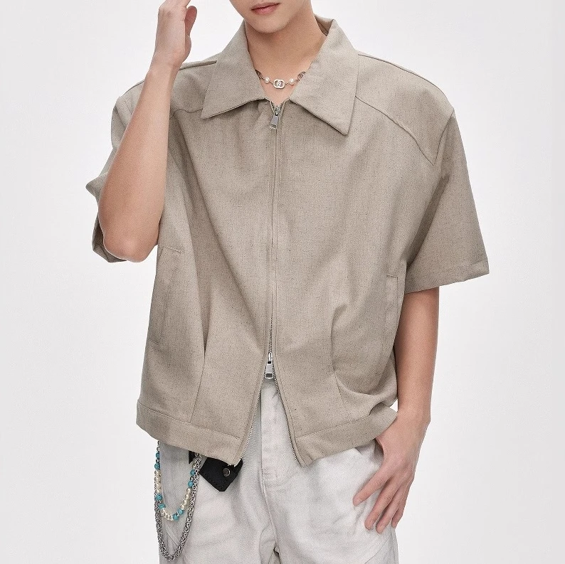 Double Zipper Short Sleeve Shirt Jacket Men's 2026 Summer Simple Loose Short Shoulder Padded Shirt