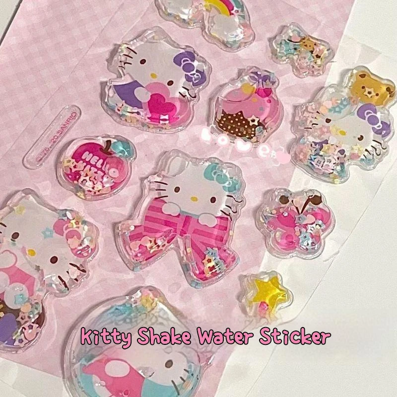 Sanrio 8pcs Shake Water Stickers Kawaii Hello Kitty Cute Girl Heart Crystal Stickers 3d Stereo Decorative Bubble Stickers Gifts