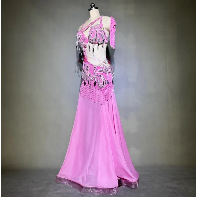 Belly Dance Performance Outfit for Women Customized Senior AB Stones Bra+Tassel Fishtail Skirt 2pcs Child Belly Dancing Costumes