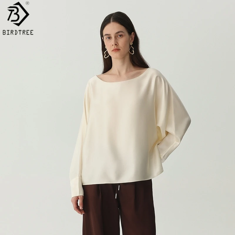 Birdtree, 100% Real Silk Solid Tshirt, Slash Neck Batwing Sleeve Tops, Women Plain Satin Loose Shirt, 2026 Summer New T65814JF