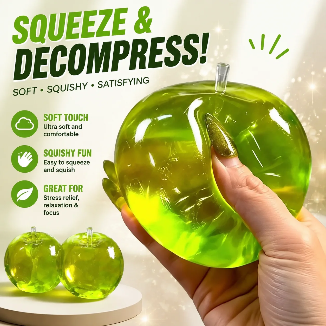 Soft Green Apple Fidget Toy Slow Rising Squishy Cute Clear Fruit Stress Ball for Adults Funny Squishies Stress Relief Desk Decor