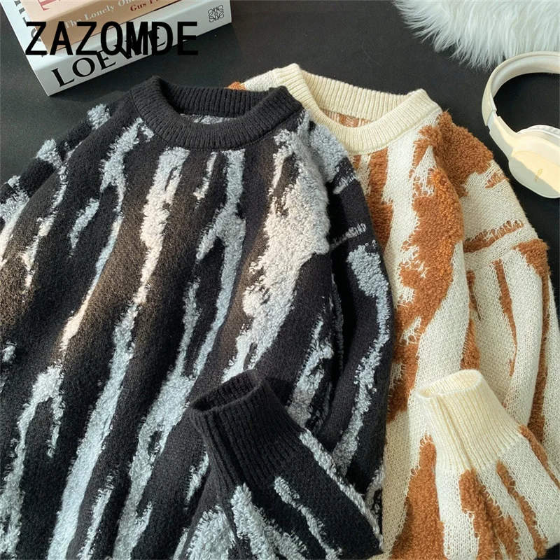 Zazomde outono/inverno engrossado camisola masculina coreano na moda solto-ajuste japonês malha topo casual cena tripulação pescoço malhas masculino