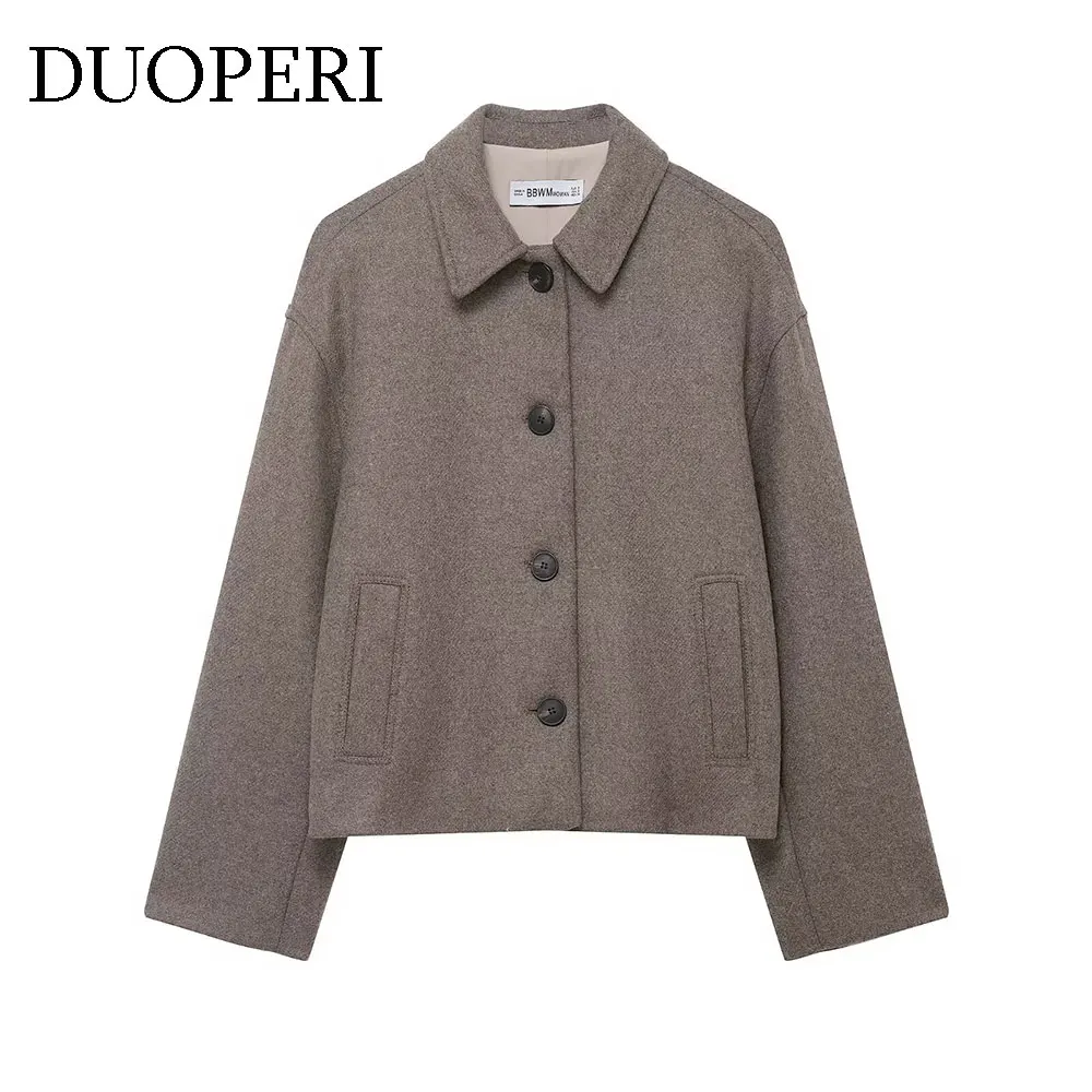 

DUOPERI Women's Fashion With Pockets Brown Jackets Casual Lapel Neck Long Sleeves Female Elegant Chic Lady Outfits