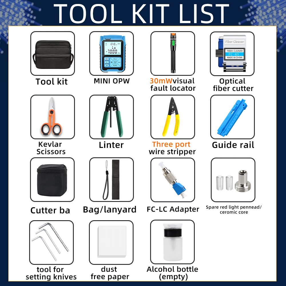 Imagem -02 - Saivxian-ftth Kit de Ferramentas de Fibra Óptica com Fibra Cleaver Mini Medidor Óptico Visual Fault Locator70+ 10dbm 30mw Fc6s