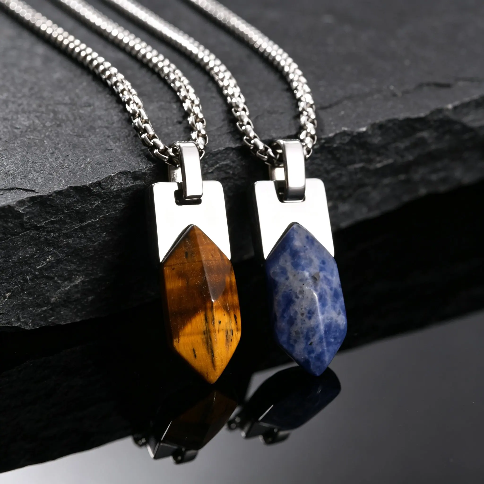 Healing Natural Stone Necklace for Men,Lapis Lazuli Stainless Steel Geometric Pendant Necklace,Stylish Jewlery Gift