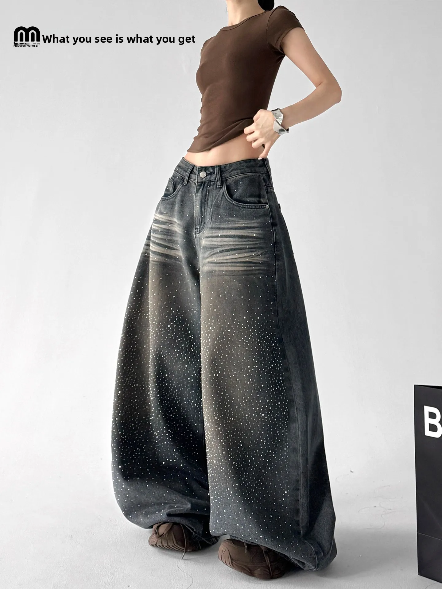 

Женские джинсы из плотного денима с эффектом потертости и блестящими стразами, весна 2026, свободные, широкие, в пол, в стиле High Street