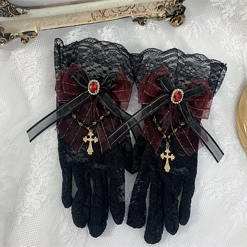 

Handmade Lolita jeweled bow lace gloves Vintage Black Elegant Tea Party Gothic fashion Women hand Accessory