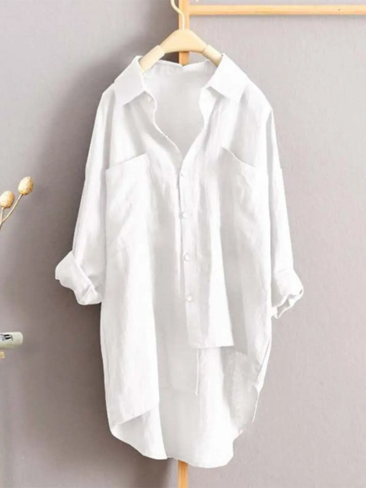 

Collar Korean Style Pure Color Commuter Wind Button Loose Large Size Mid-Length Long Sleeve Shirt for Women