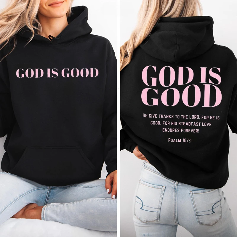 Autumn Fleece Hoodie Pink God Is Good Christian Hoodie Bible Verse Fashion Sweatshirts Long Sleeve Tops Jesus Aesthetic Hoodies