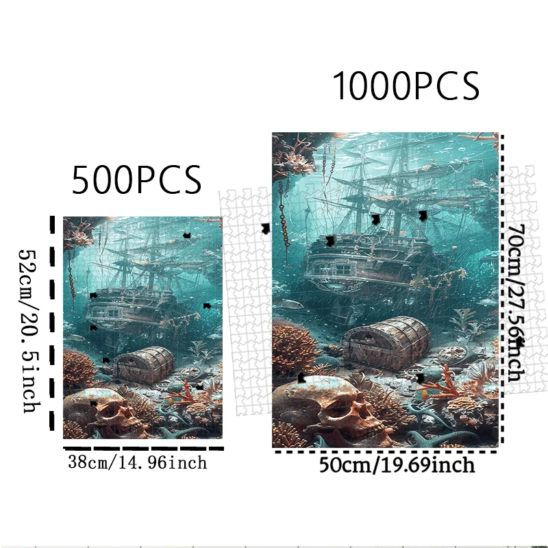 500pcs or 1000pcs Extra-Challenging Pirate Shipwreck & Treasure Chest Jigsaw Puzzle for Adults - Large Jigsaw Game with 5-Colo