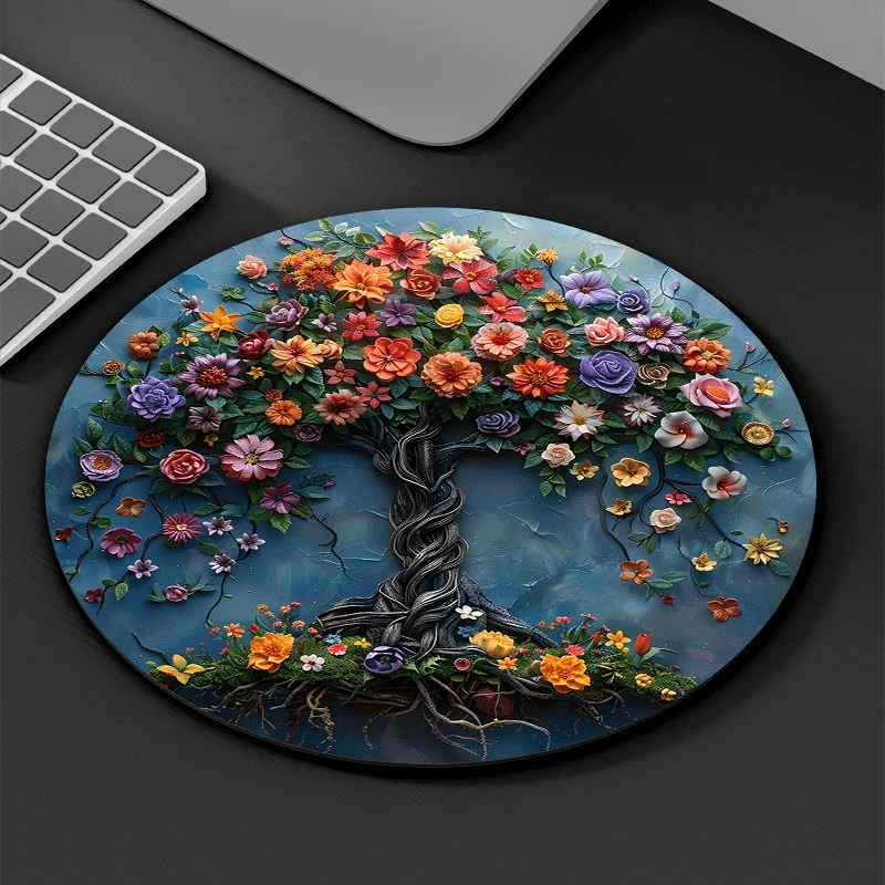 

Floral Pattern Round Mouse Pad Non-Slip Rubber Desk Mat with Vibrant Flowers on Dark Gaming Office Home Large Mousepad for Desk