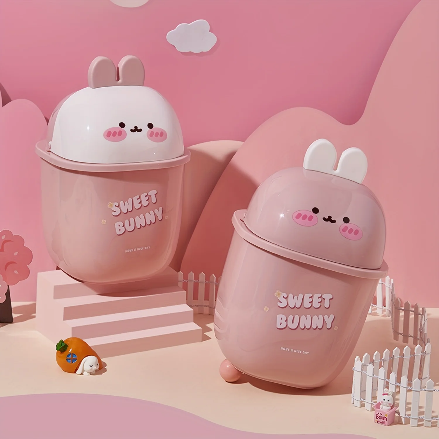 Plastic Trash Can, Cartoon Mini Desktop Trash Can With Lid, Small  Office Cleaning Trash Desktop  Bin, Cute Rabbit Ear Garbage B