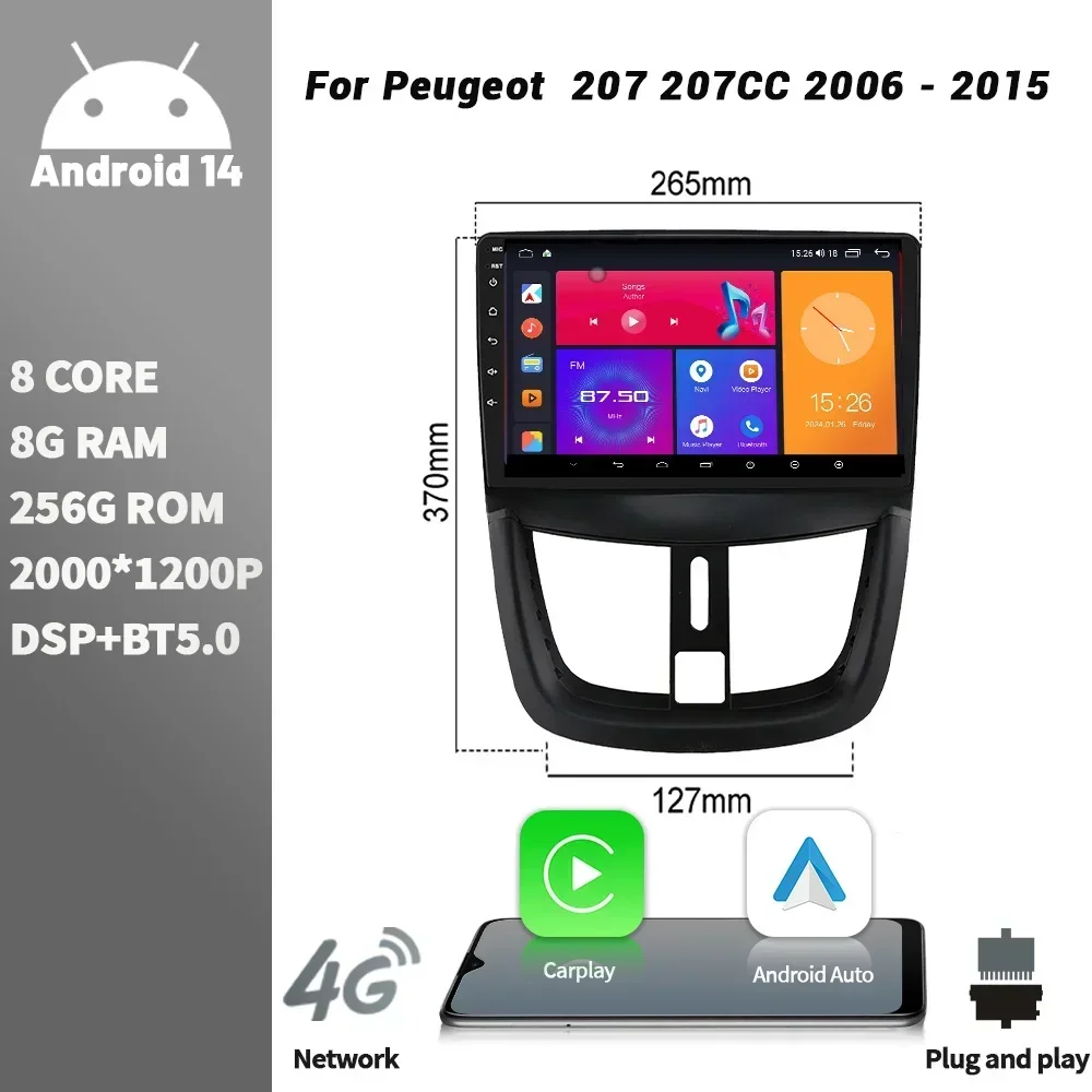 

Car Radio For Peugeot 207 207CC 2006 - 2015 Multimedia Player Android Bluetooth Wireless CarPlay Touch Screen