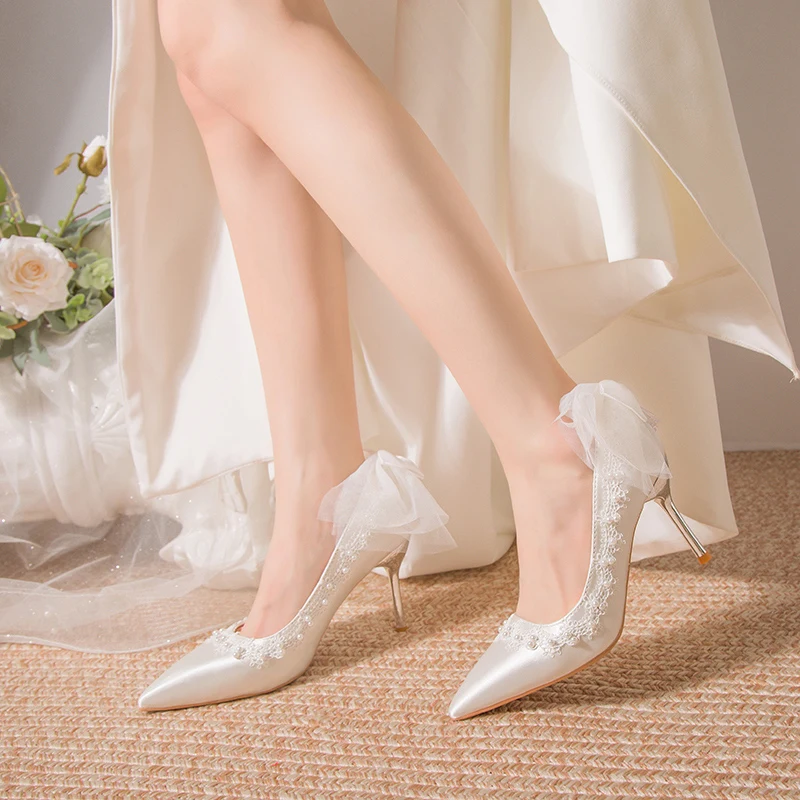 Wedding Shoes Bride White Wedding Shoes Female Satin High Heels Bow Pumps Women Shoes Rhinestone Lace High Heels Party Shoe