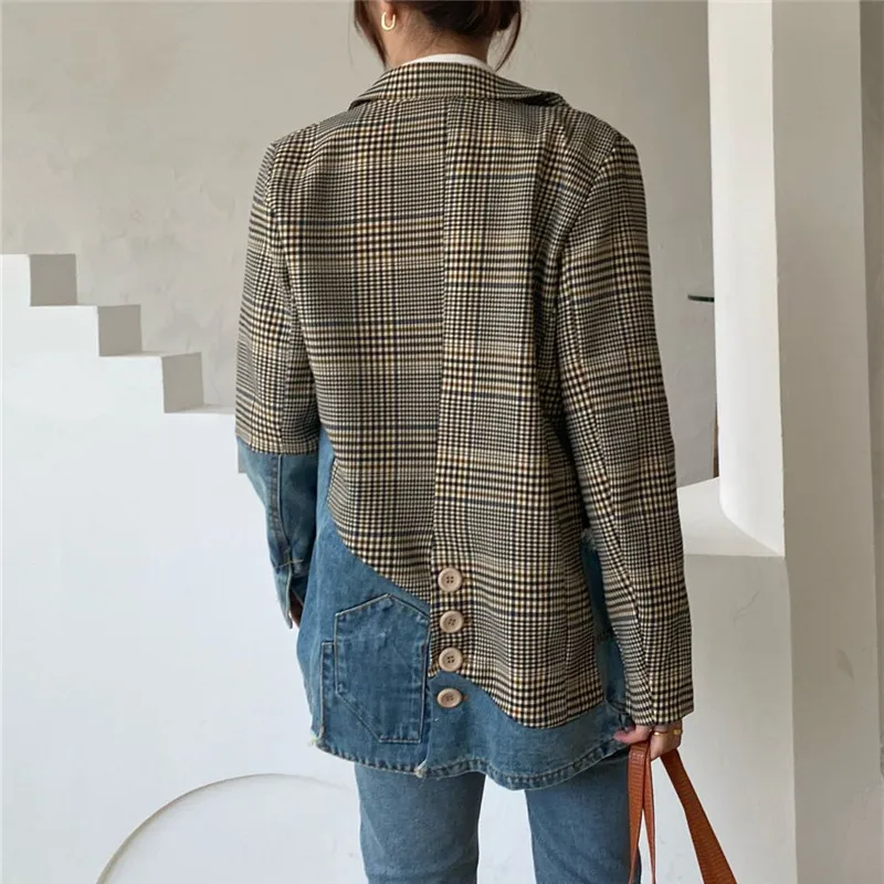 Autumn Fashion Denim Spliced Plaid Blazer Coat Women Big Pocket Jeans Patchwork Suit Jacket Female Loose Casual Mid Long Blazers