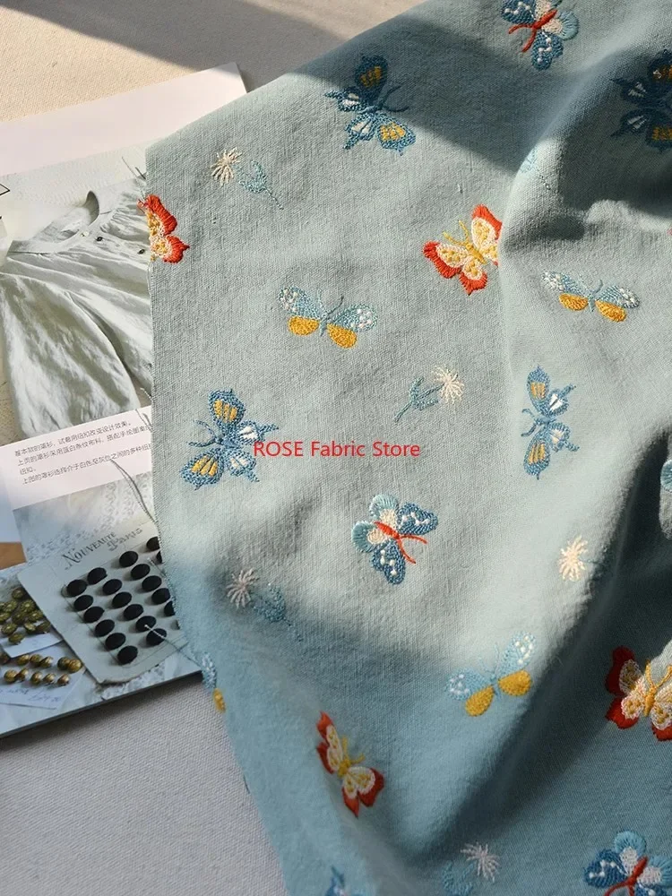 Colorful butterfly pattern embroidery black light blue Cotton And Linen Fabric for Handmade, Sofa Pillow Tablecloth Bag Fabric